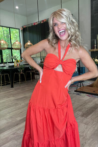 Tomato Red Tie Tiered Maxi Dress