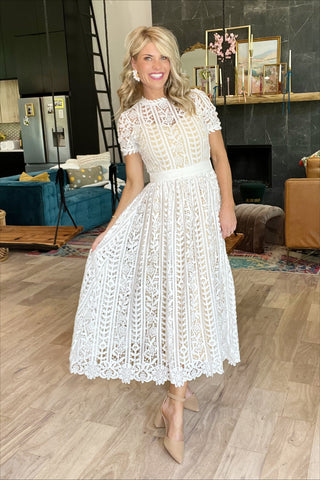 White Floral Lace Midi Dress