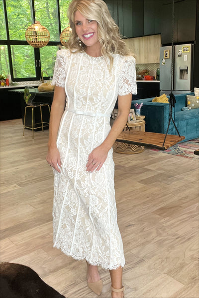 White Lace Embellished Midi Dress