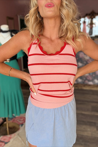 Pink & Red Striped Scallop Knit Tank