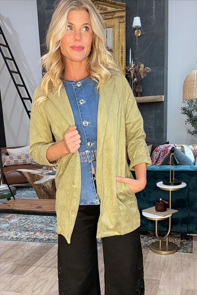 Sage Suede Open Front Blazer Jacket
