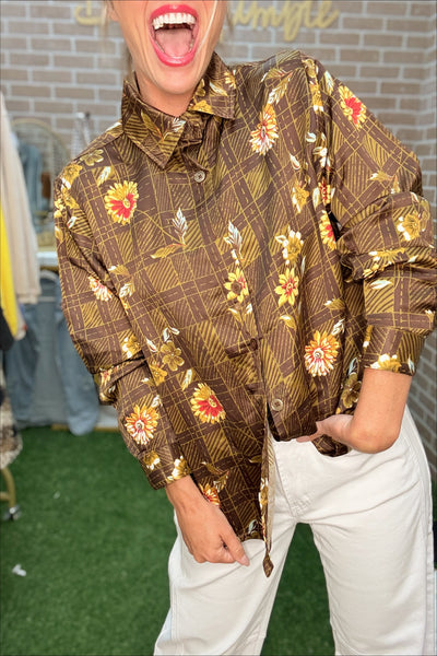Vintage Satin Floral Print Button Up Blouse
