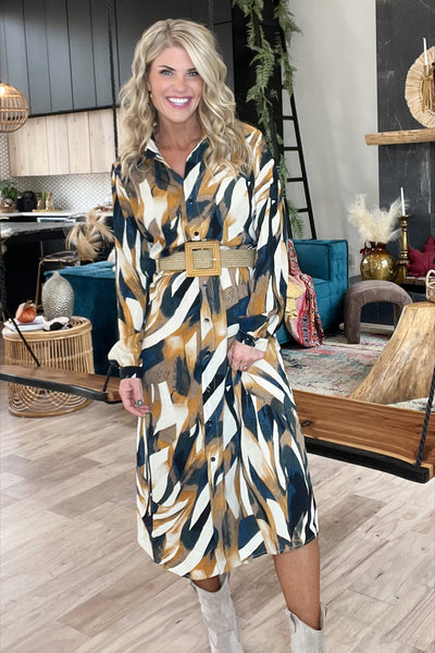 Teal Abstract Print Long Sleeve Button Front Midi Dress