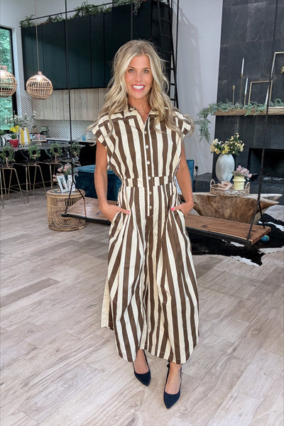 Brown & Cream Striped Wide Leg Jumpsuit