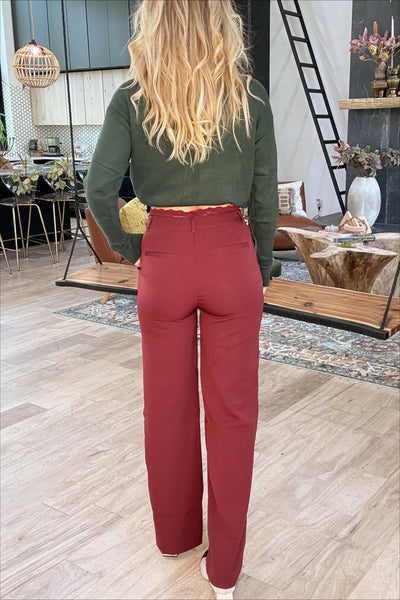 Burgundy Straight Leg Lace Trim Pants