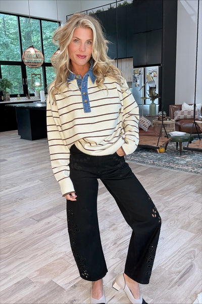 Denim Collar Striped Long Sleeve Sweater