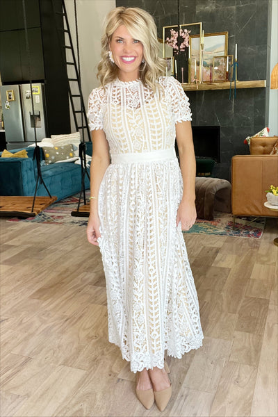 White Floral Lace Midi Dress