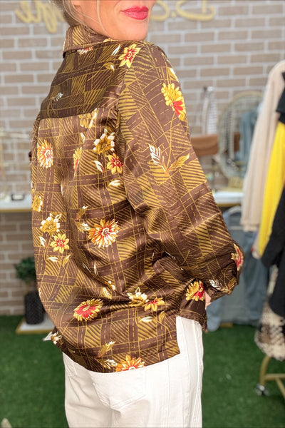 Vintage Satin Floral Print Button Up Blouse