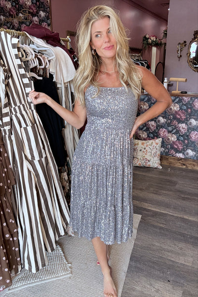 Silver Stretch Sequins Tiered Dress