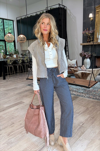 Pinstripe Dark Wash Denim Drawstring Pants