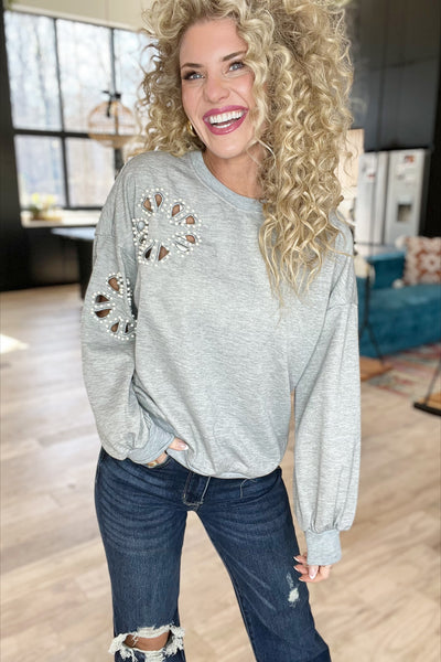 Gray Pearl Flower Cutout Long Sleeve Top
