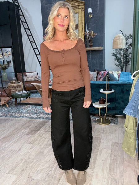Brown Lace Trim Ribbed Knit Henley Top