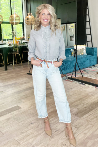 Black And White Striped Button Down Ruffle Top
