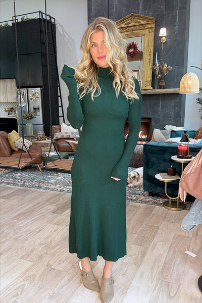 Emerald Ribbed Mock Neck Long Sleeve Midi Dress