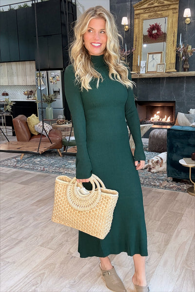 Emerald Ribbed Mock Neck Long Sleeve Midi Dress